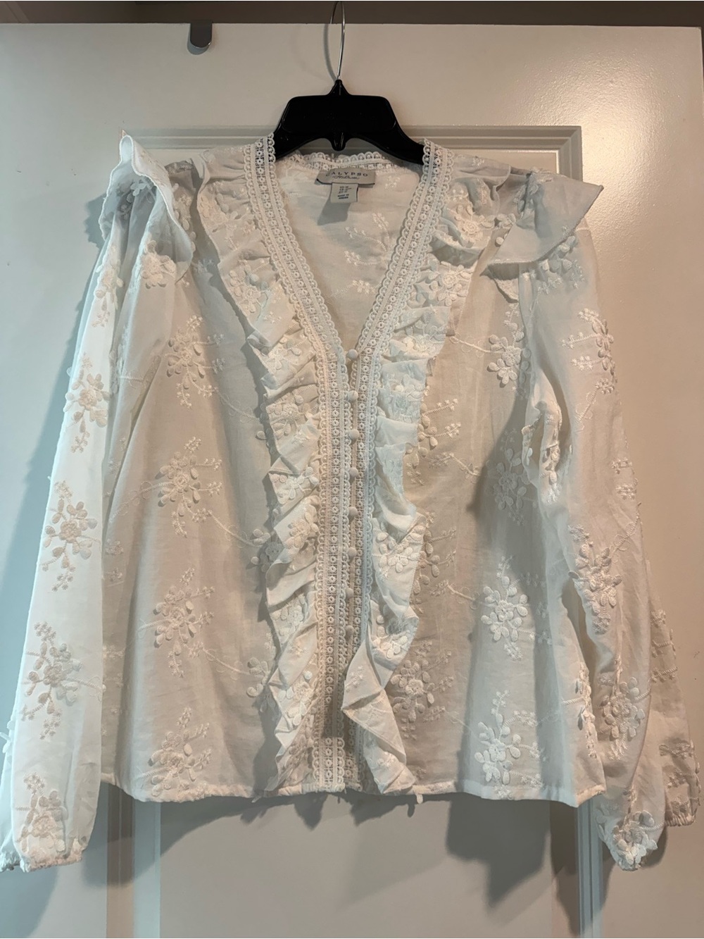 Calypso St. Barth White Embroidered Ruffle V-Neck Blouse